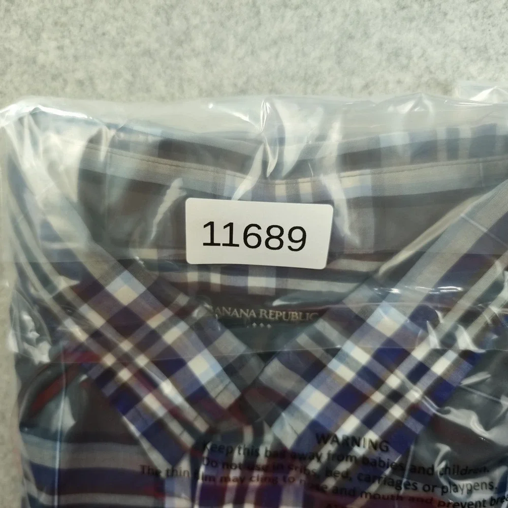 Banana Republic‎ Shirt Mens 2XL 18 18.5 Gray Blue Plaid Long Sleeve Button Up